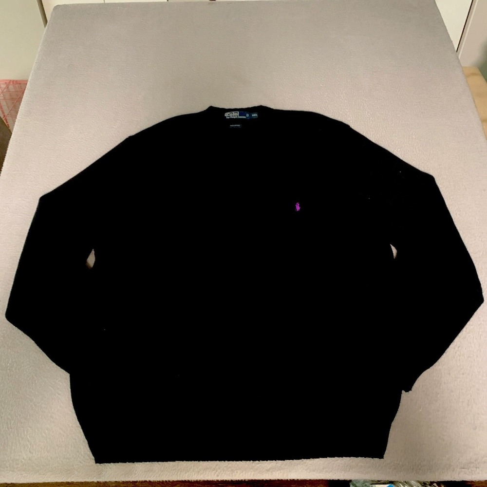 Vtg Polo Ralph Lauren Sweater Mens XXL Black Cotton Crewneck Purple Pony Knit